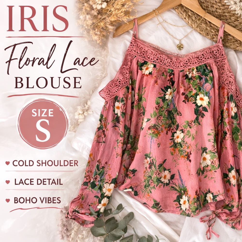 Iris Boho Top Pink Floral Lace Cold Shoulder Boho Blouse Size S